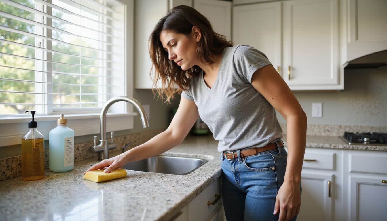 A woman cleans a granite countertop in a tidy kitchen.