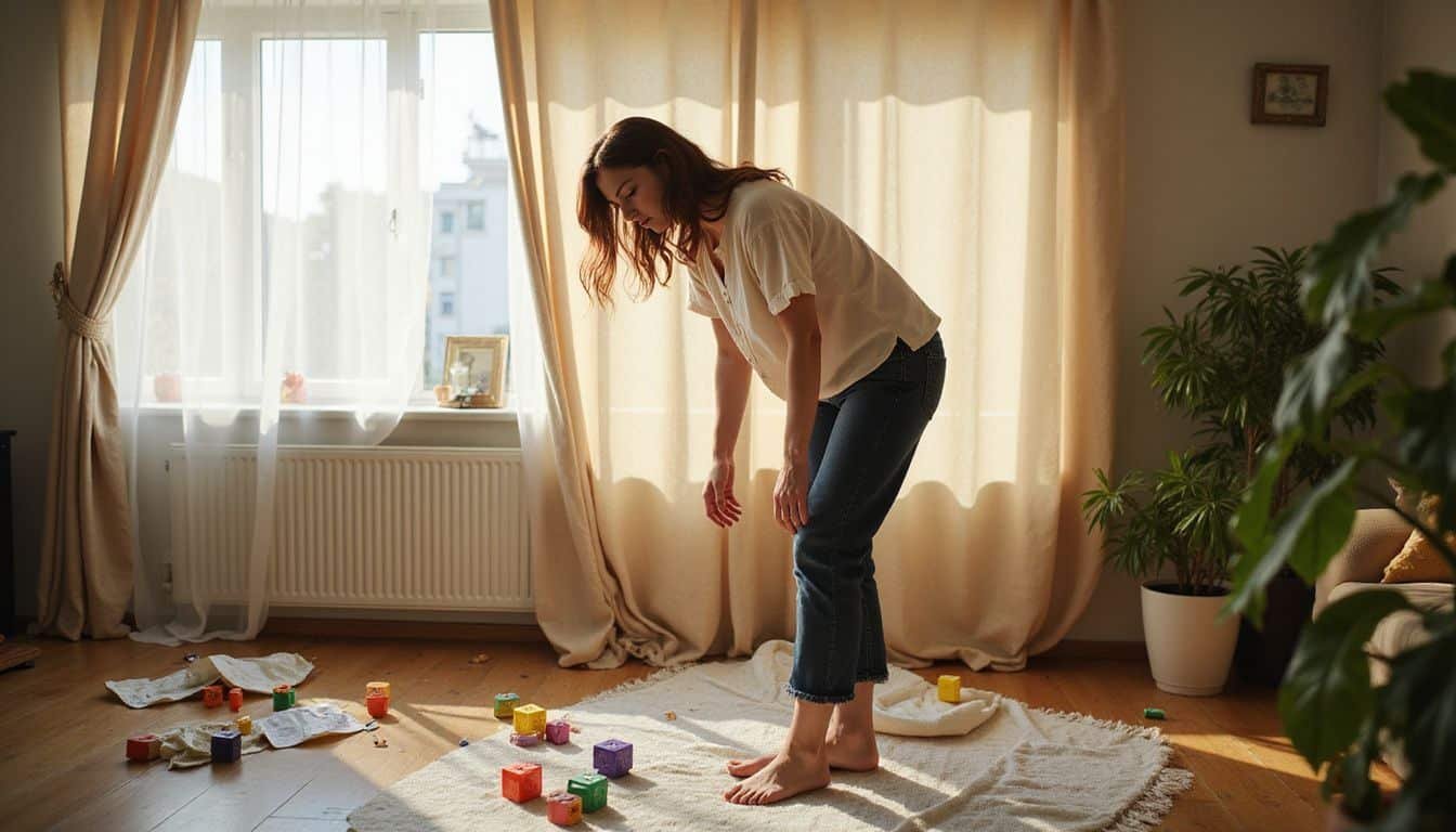 A woman tidies a cluttered living room while preparing to clean.