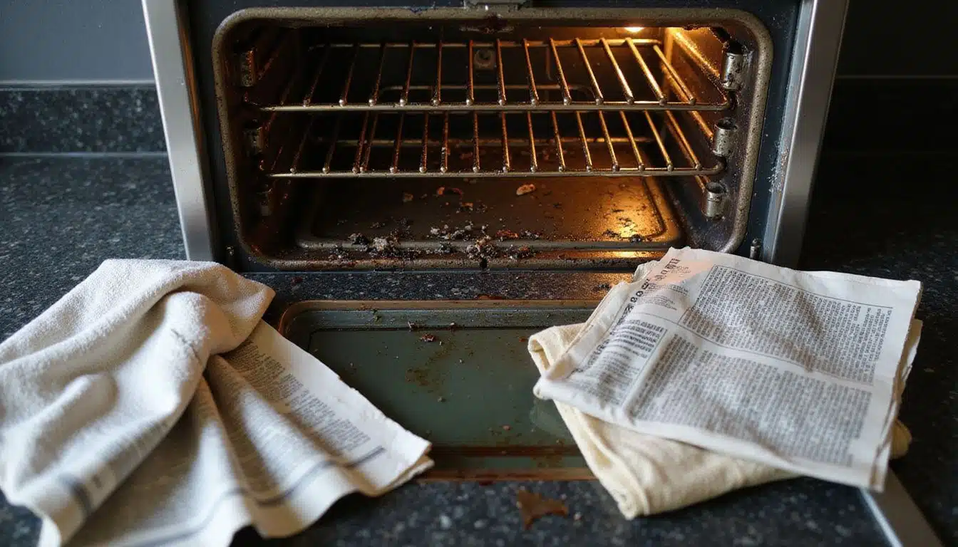 A cluttered kitchen counter showcases a dirty oven and newspapers. A cluttered kitchen counter showcases a dirty oven and newspapers.