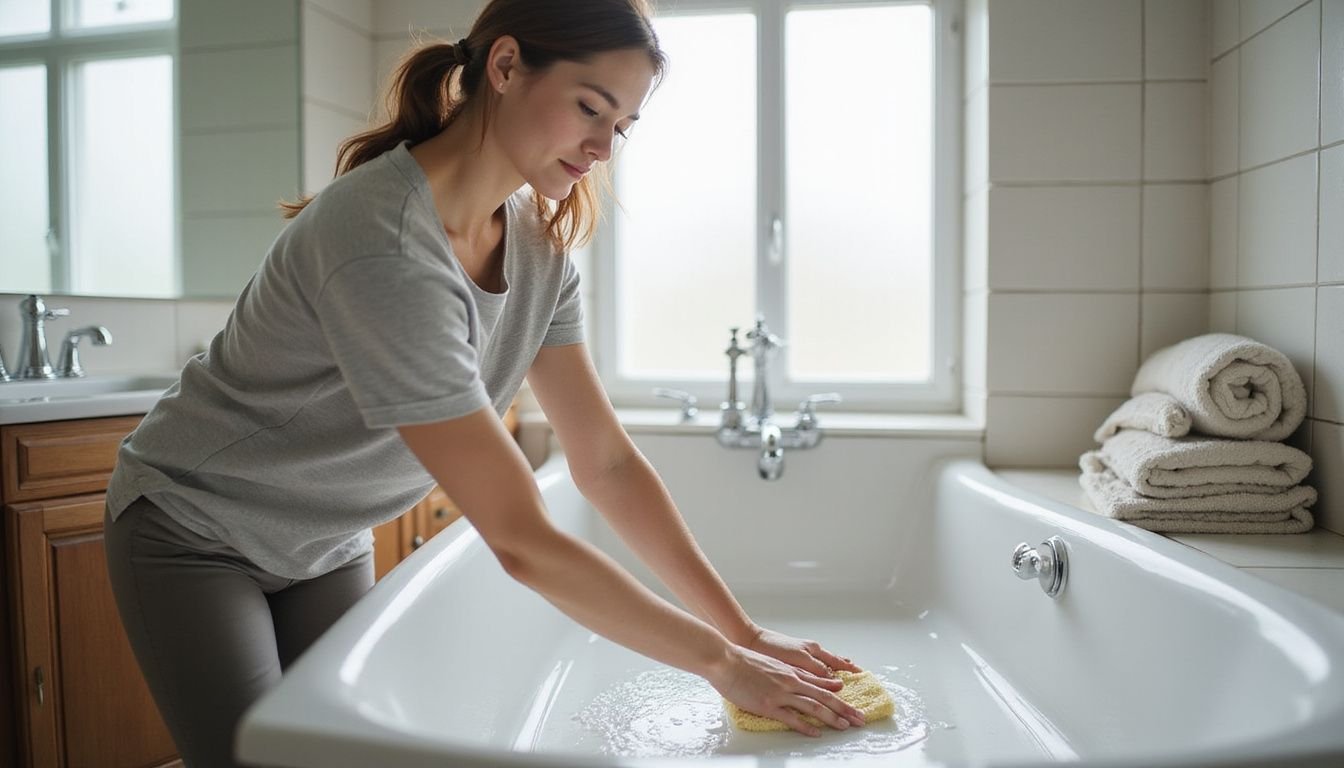 A woman cleans a bathtub with a sponge in a cozy bathroom.