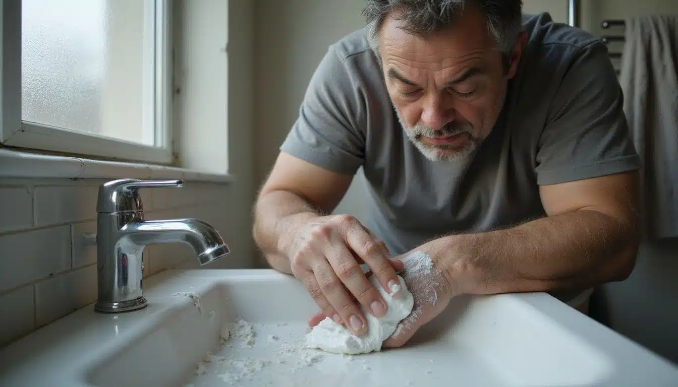 A middle-aged man cleans scratches on bathroom tiles with toothpaste.