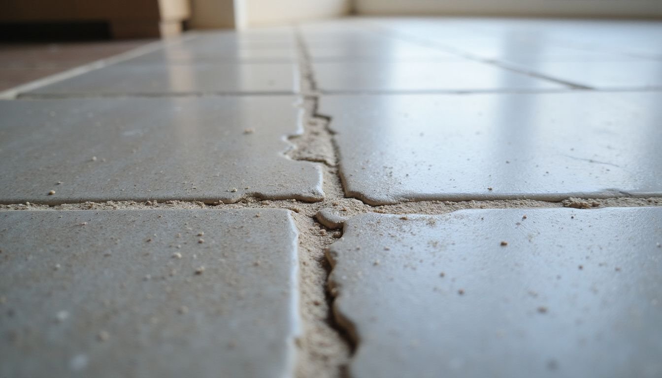 Close-up of a deep scratch on a matte stone tile floor.