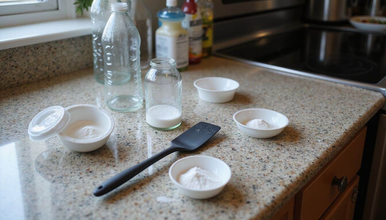 A kitchen countertop displays baking supplies and cleaning products. A kitchen countertop displays baking supplies and cleaning products.