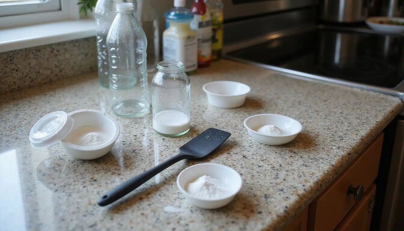 A kitchen countertop displays baking supplies and cleaning products. A kitchen countertop displays baking supplies and cleaning products.