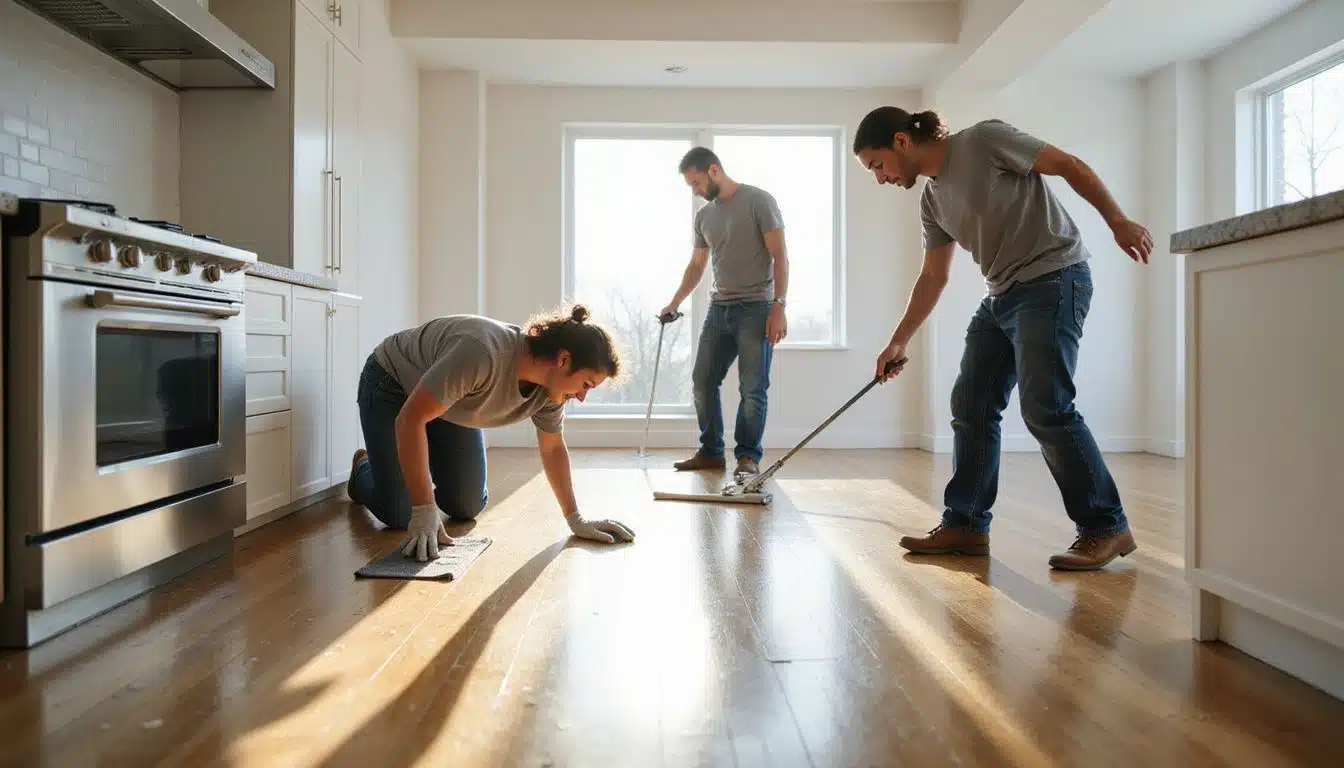 A team of cleaners deep-cleaning an unfurnished house with focused dedication.