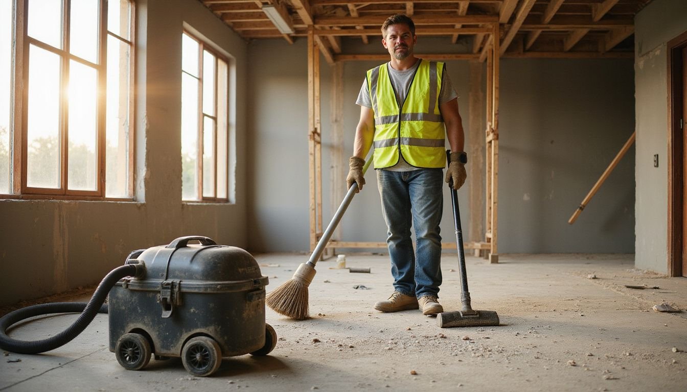 A focused worker cleans a dusty construction site with heavy-duty tools. A focused worker cleans a dusty construction site with heavy-duty tools.