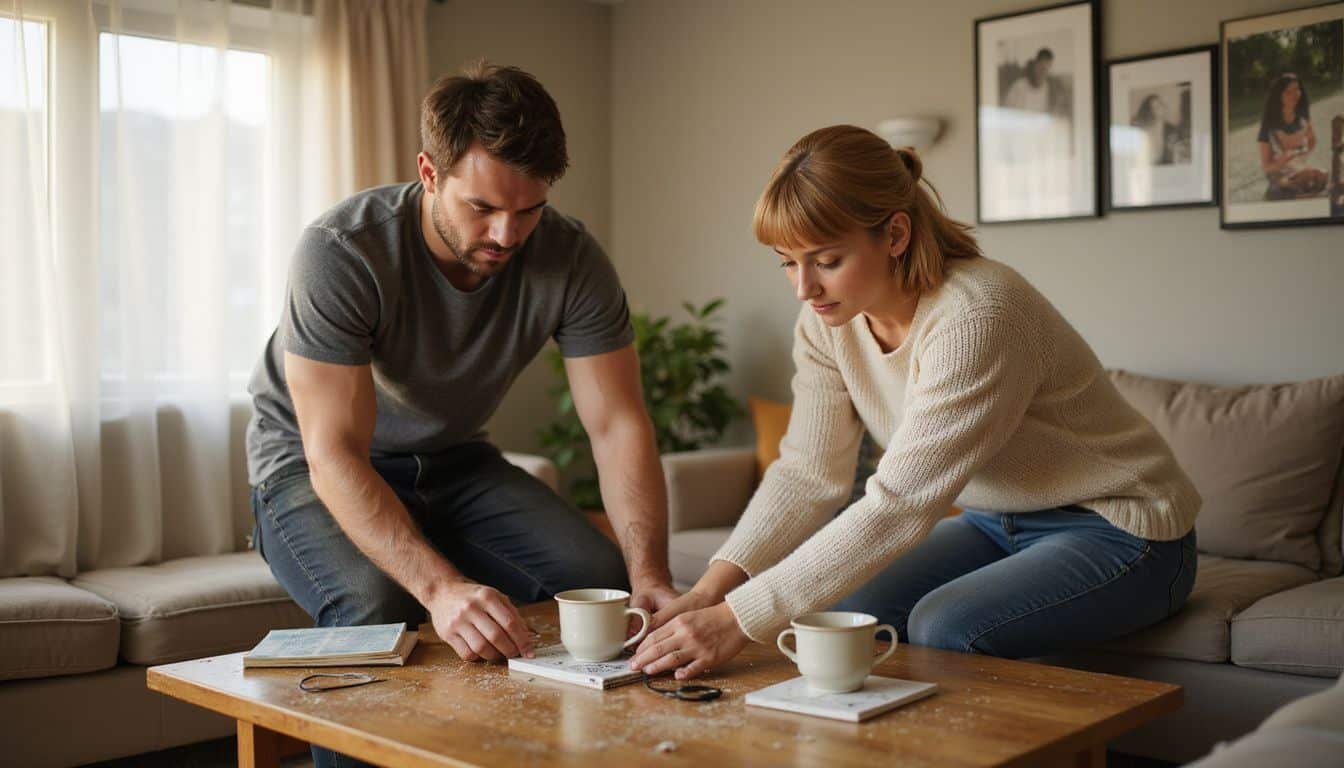 A couple tidies their living room together before Valentine's Day. A couple tidies their living room together before Valentine's Day.