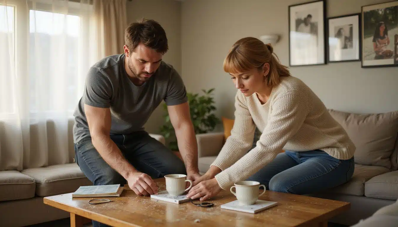 A couple tidies their living room together before Valentine's Day.