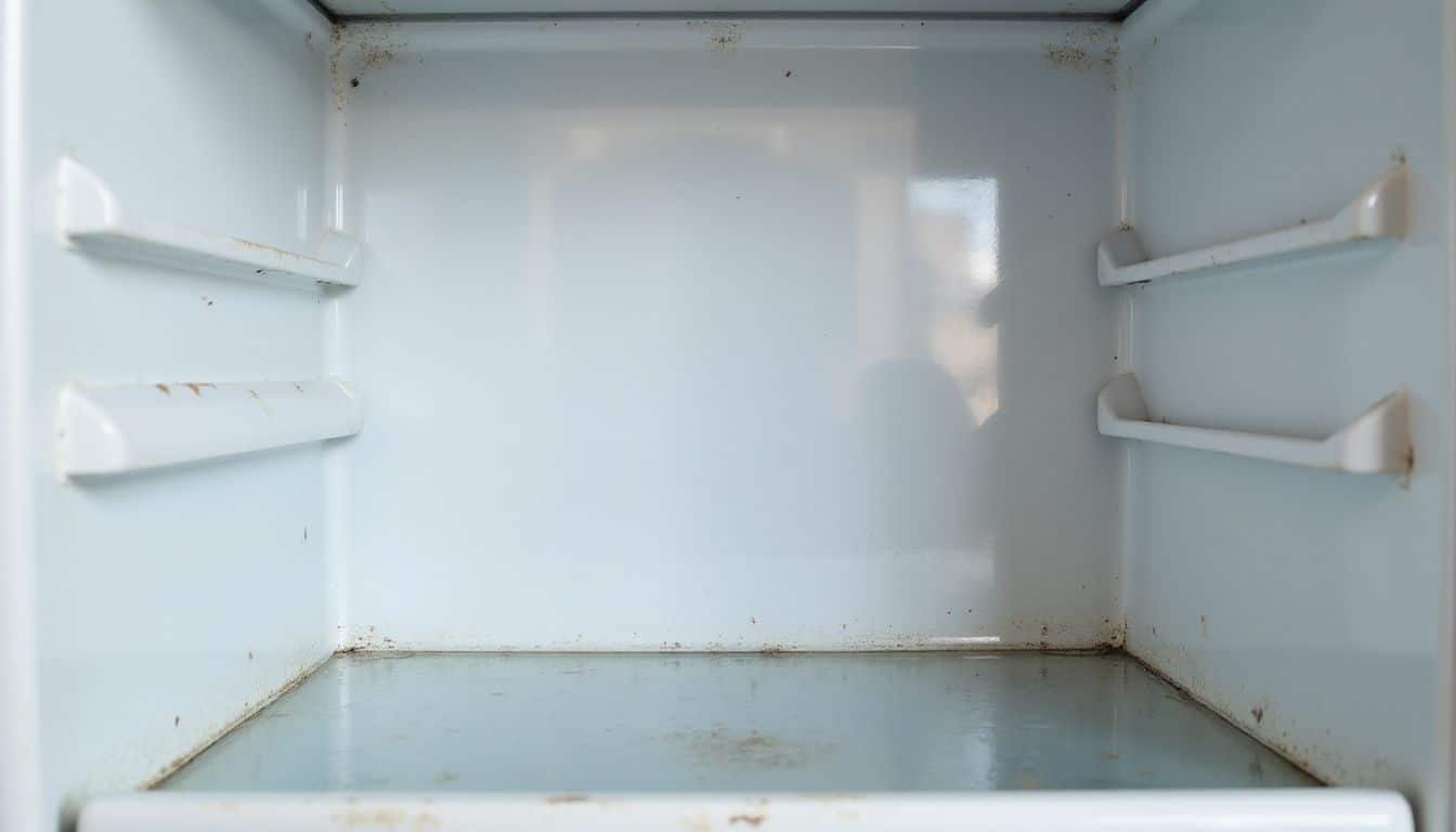 An empty refrigerator interior shows grime and wear, needing cleaning. An empty refrigerator interior shows grime and wear, needing cleaning.