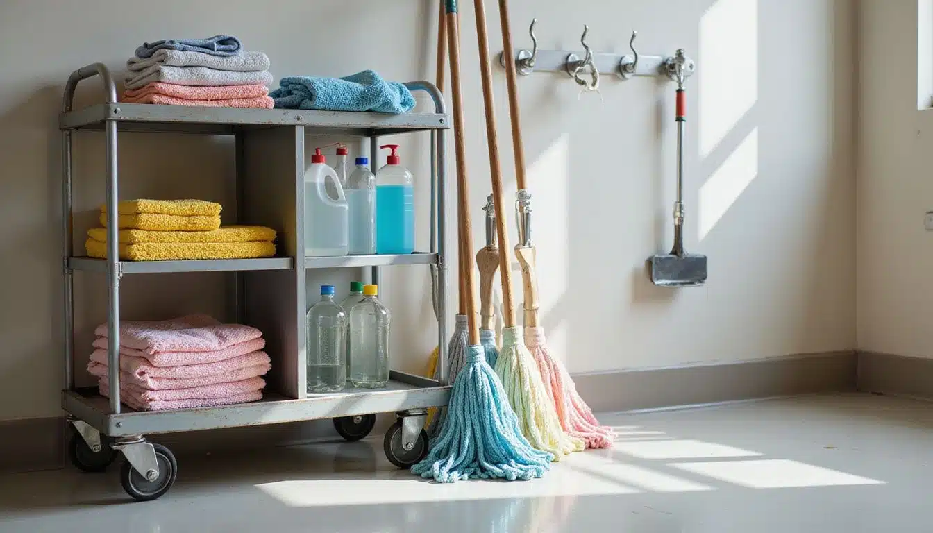 A well-organized janitorial supply room with cleaning equipment and supplies. A well-organized janitorial supply room with cleaning equipment and supplies.