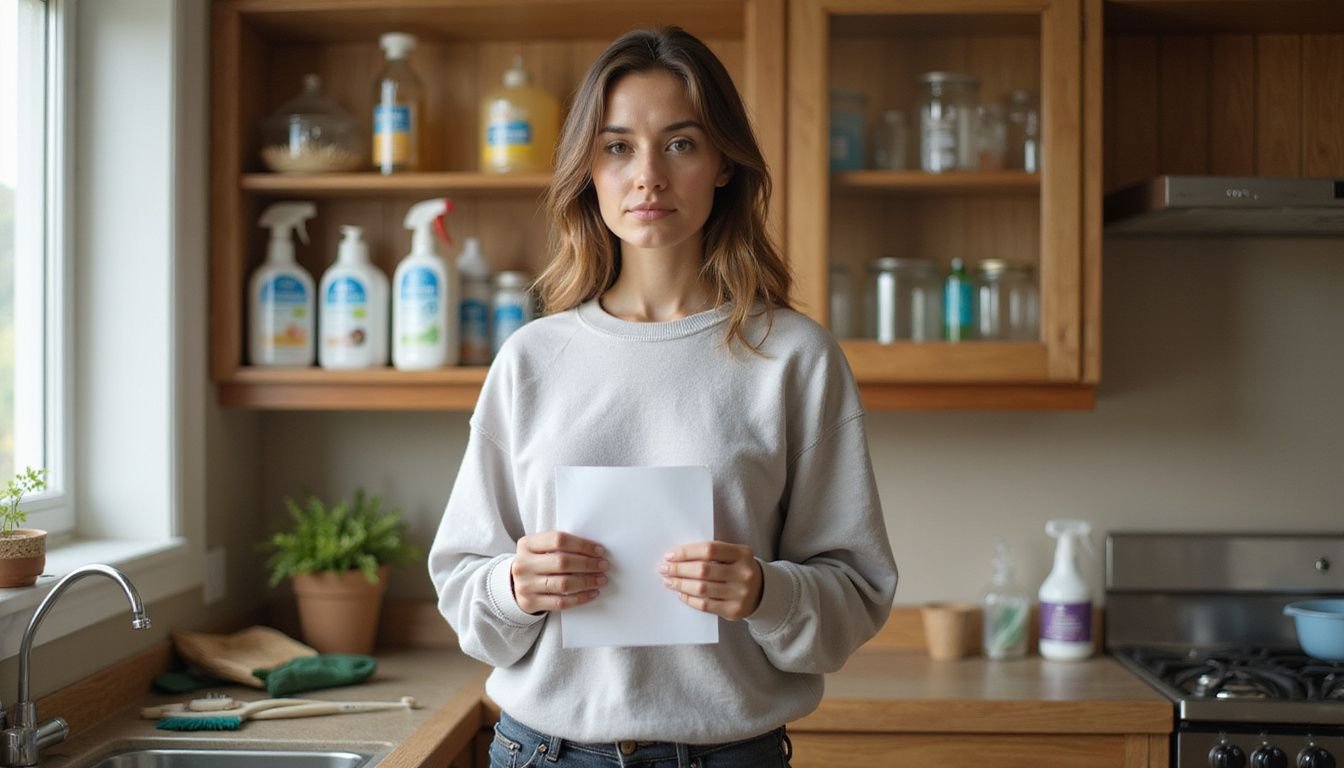 A woman reviews a checklist before starting household chores in her kitchen.