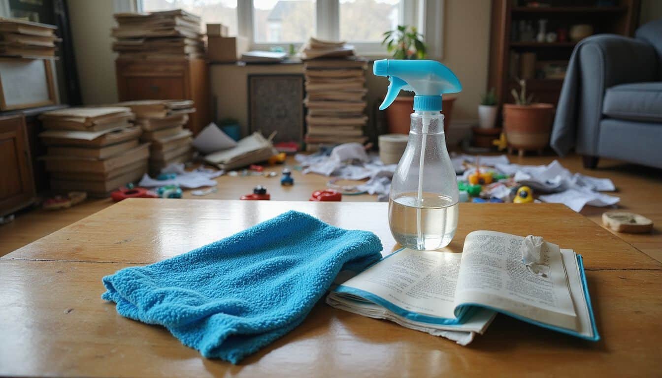 A cozy living room filled with books, toys, and cleaning supplies. A cozy living room filled with books, toys, and cleaning supplies.