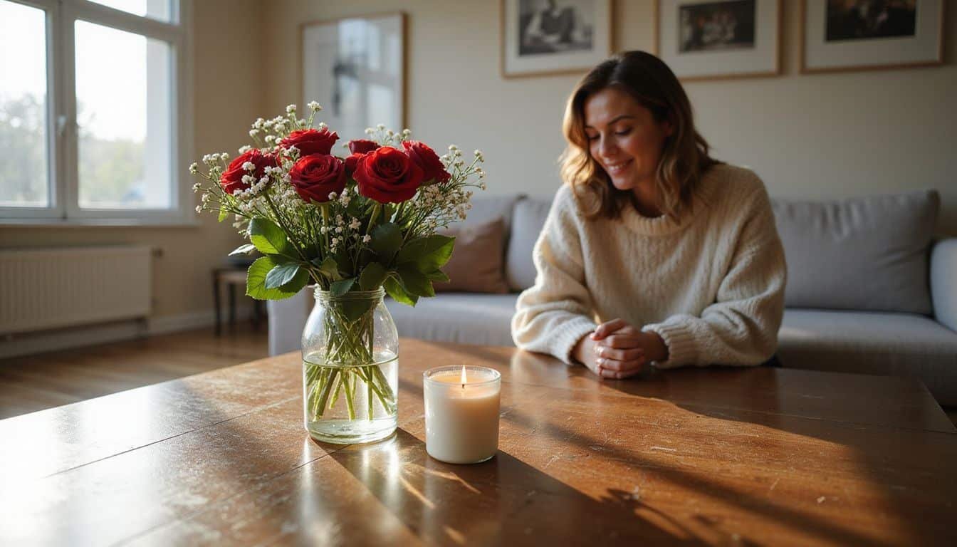 Cozy living room featuring roses, a candle, and relaxed ambiance.