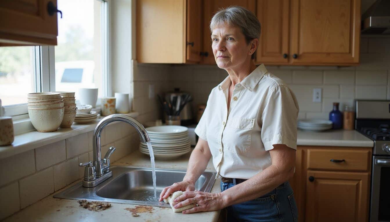 A middle-aged woman diligently cleans dishes at a kitchen sink. A middle-aged woman diligently cleans dishes at a kitchen sink.