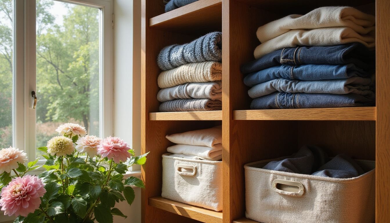 A neatly organized closet displays folded garments and woven storage bins. A neatly organized closet displays folded garments and woven storage bins.