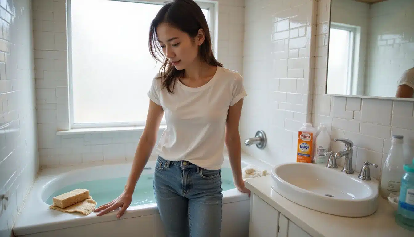 A woman cleans her bathroom, surrounded by various cleaning supplies.