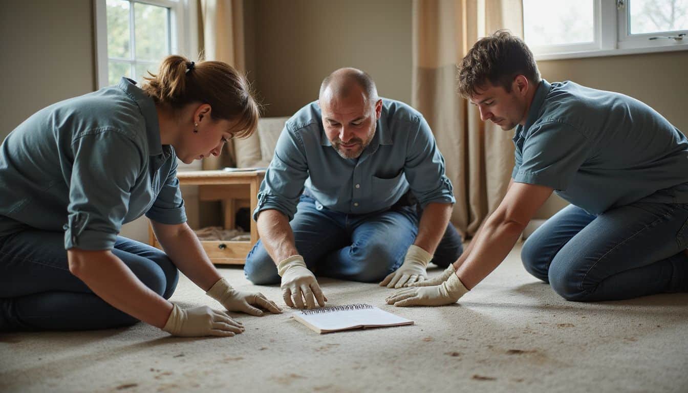 Three adults collaborate on cleaning tasks in a cozy living room.