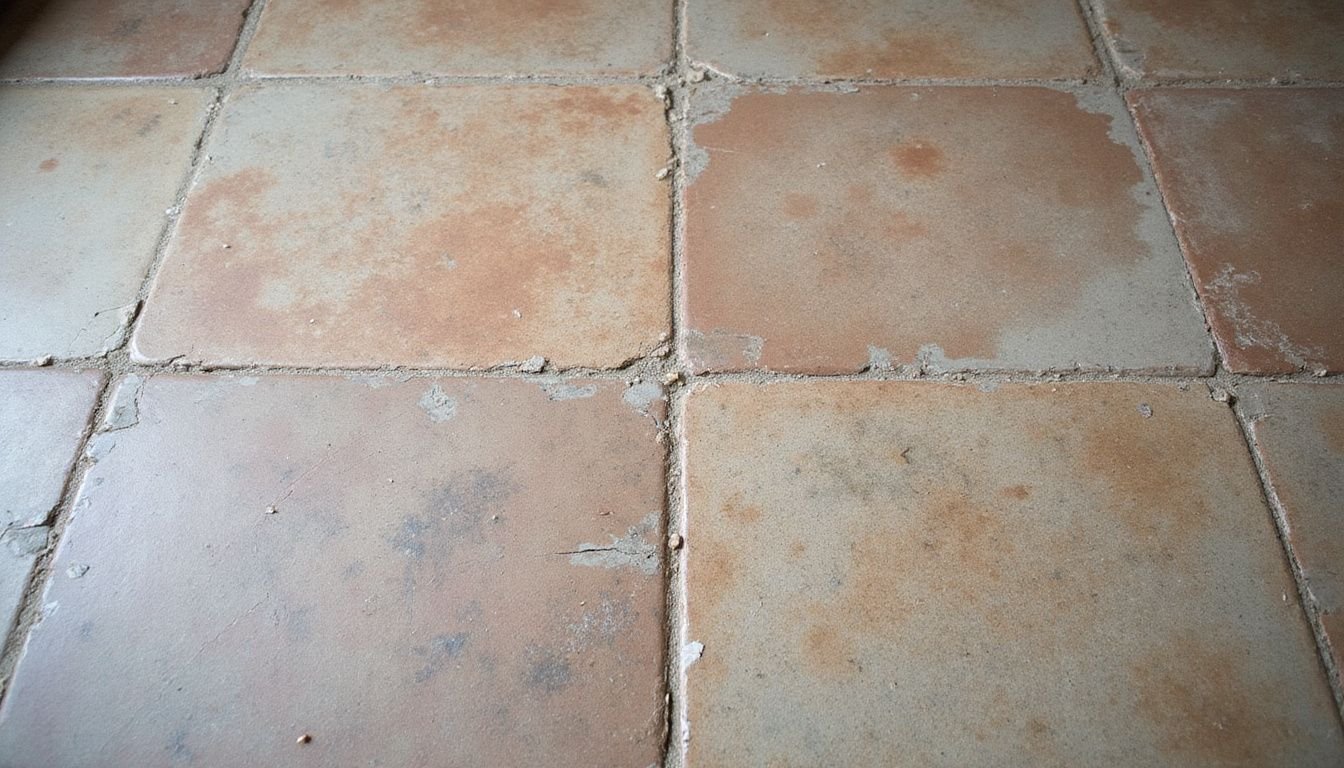 Aged kitchen floor with worn ceramic tiles and visible wear patterns.