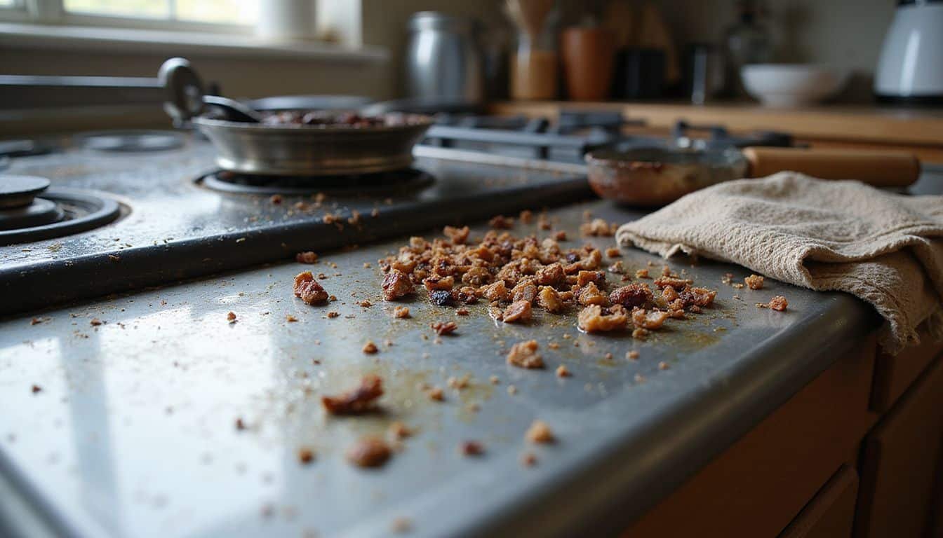 Close-up of a stained stainless steel stove with a cleaning cloth.