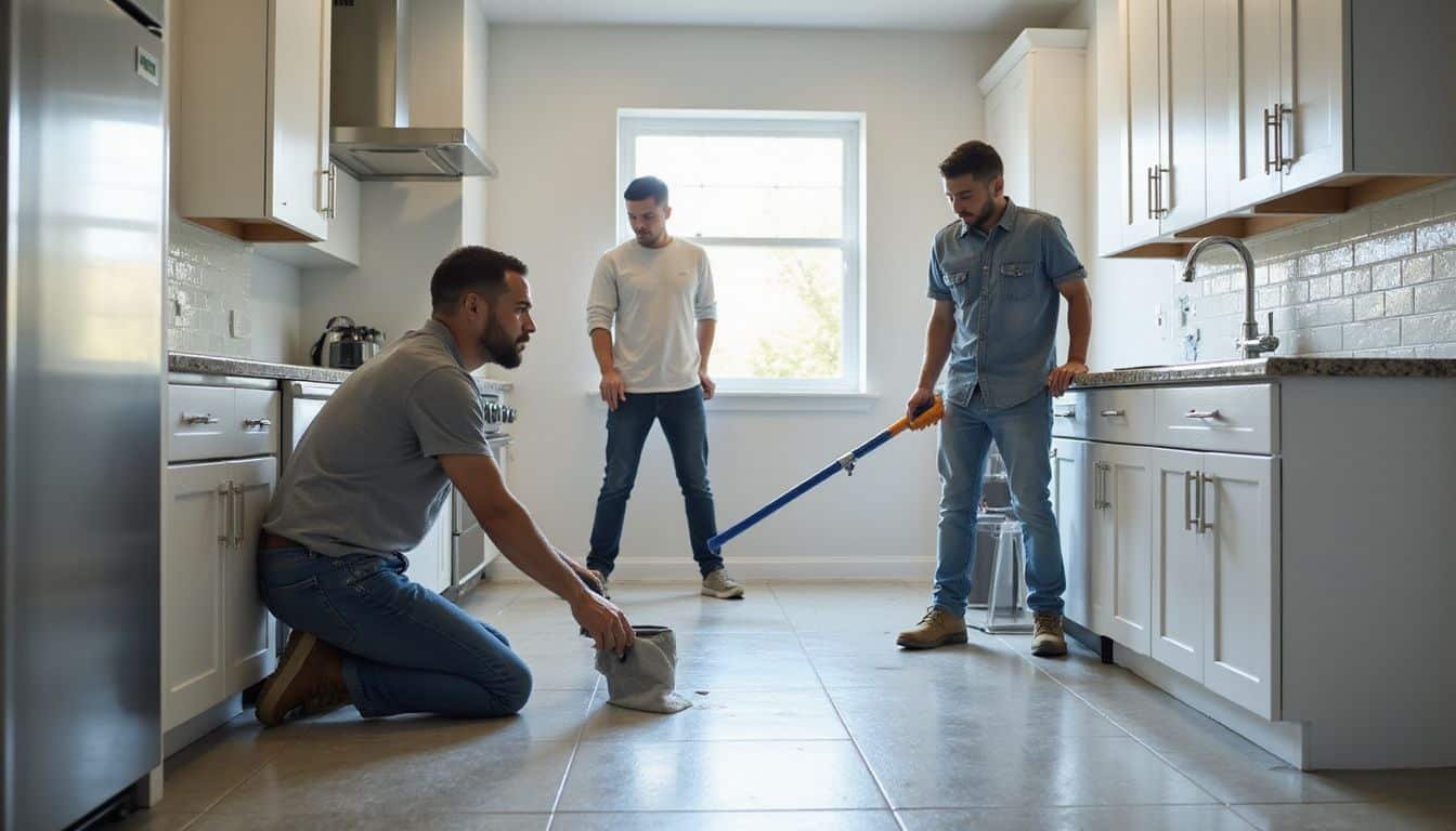 A cleaning team meticulously cleans a modern kitchen before move-in.