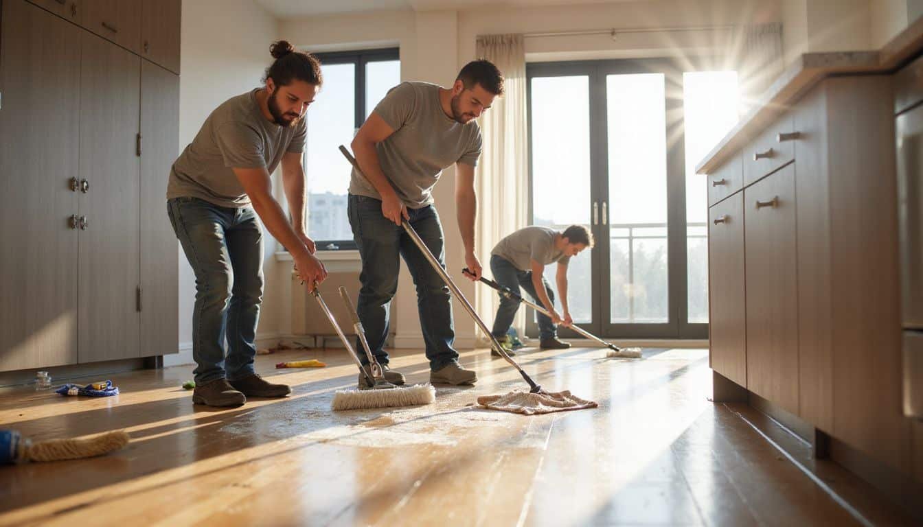 A cleaning crew thoroughly sanitizes a modern, empty apartment. A cleaning crew thoroughly sanitizes a modern, empty apartment.