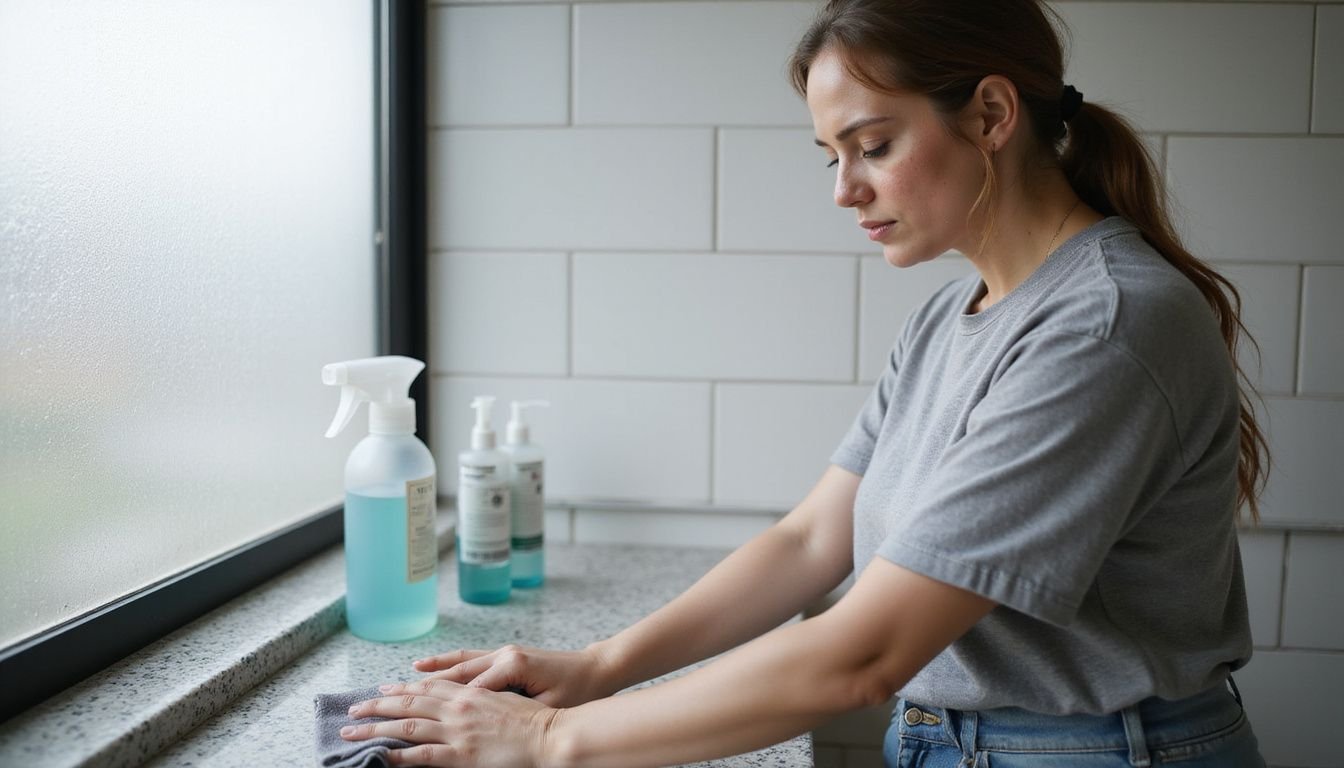 A woman diligently cleans a bathroom counter with a microfiber cloth. A woman diligently cleans a bathroom counter with a microfiber cloth.