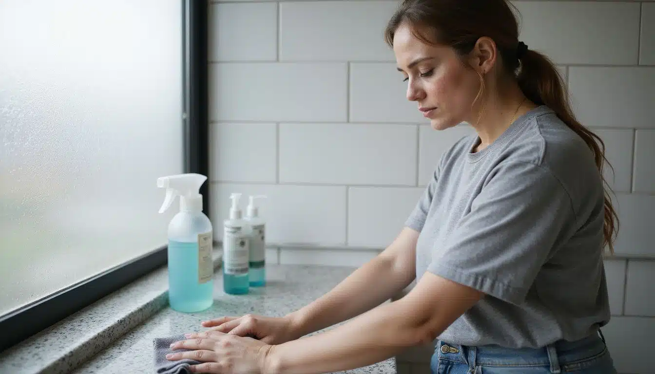 A woman diligently cleans a bathroom counter with a microfiber cloth.