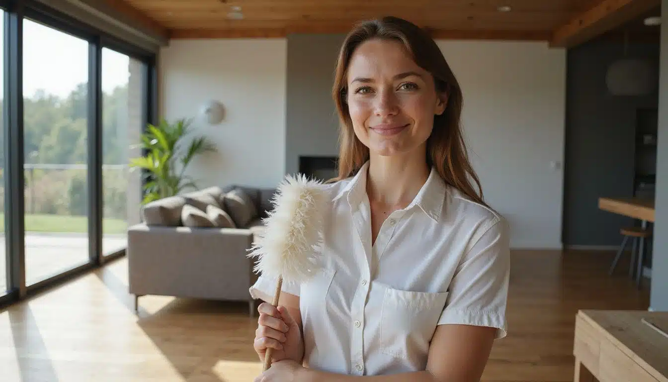 A woman in a maid uniform smiles gently in a modern living room. A woman in a maid uniform smiles gently in a modern living room.