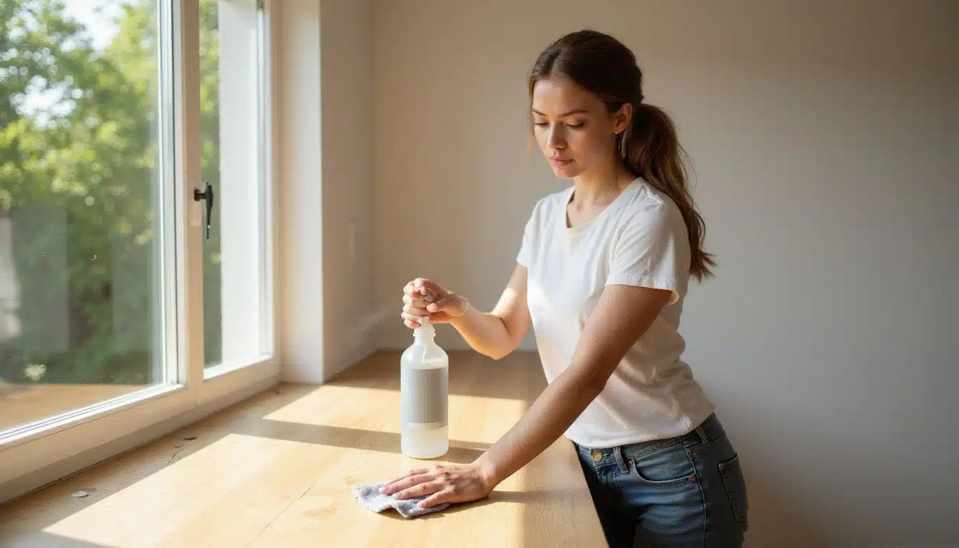 A woman cleans a newly built home with eco-friendly products. A woman cleans a newly built home with eco-friendly products.