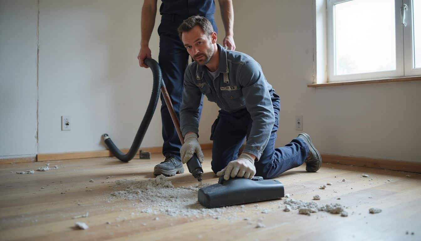 A man in work overalls cleans construction dust with a vacuum.