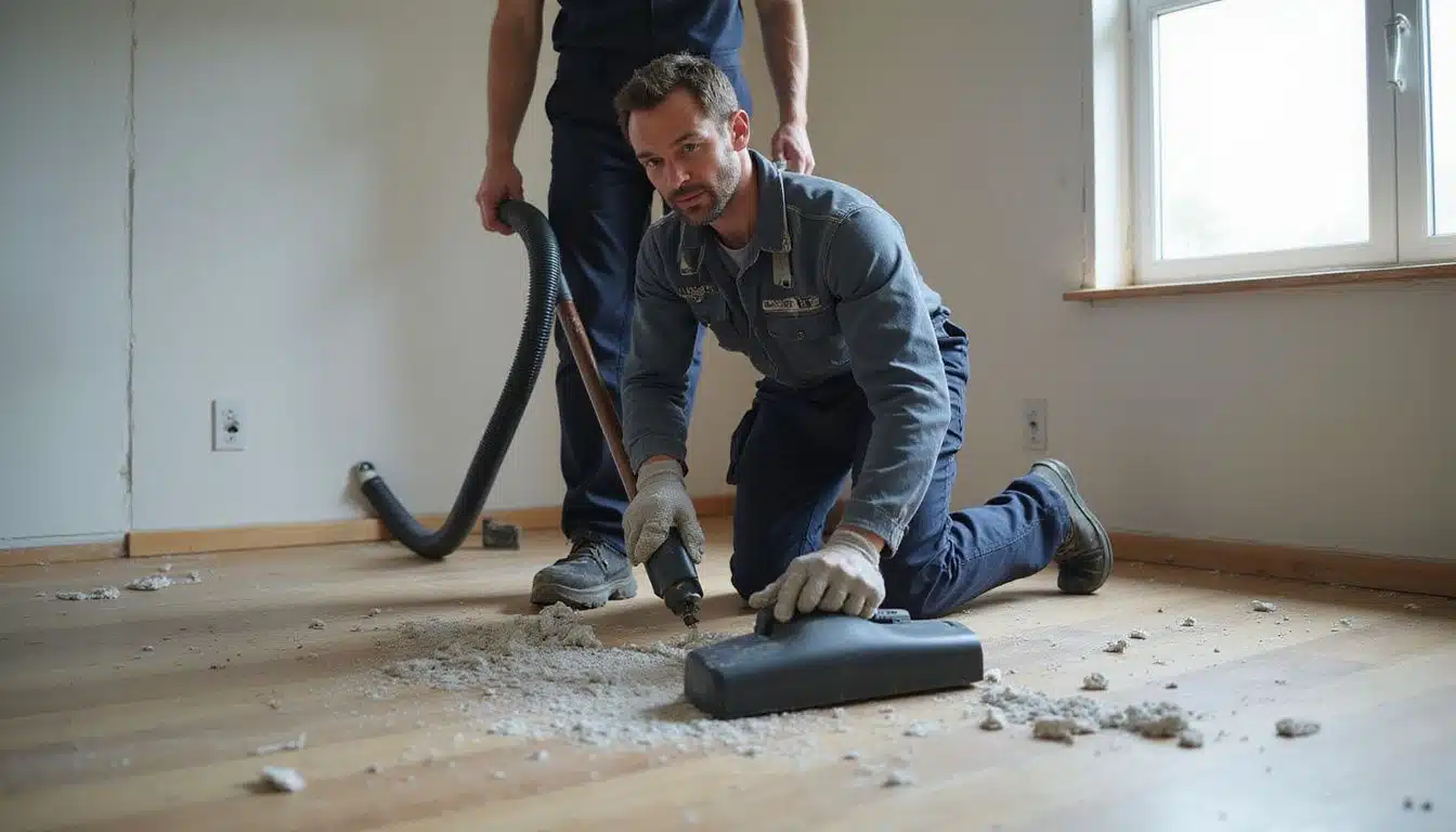 A man in work overalls cleans construction dust with a vacuum. A man in work overalls cleans construction dust with a vacuum.