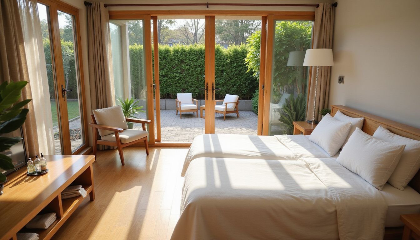 A stylish vacation rental interior exudes calm and inviting comfort.