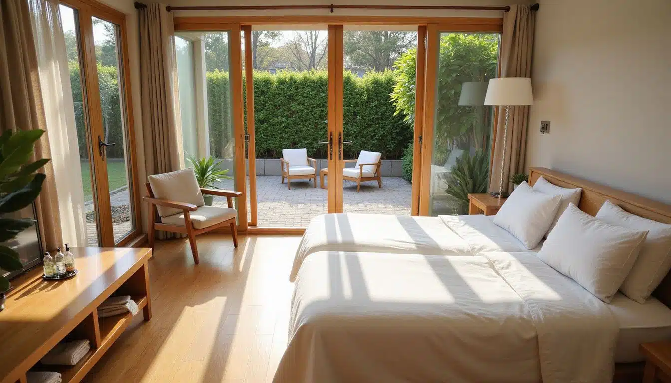 A stylish vacation rental interior exudes calm and inviting comfort. A stylish vacation rental interior exudes calm and inviting comfort.