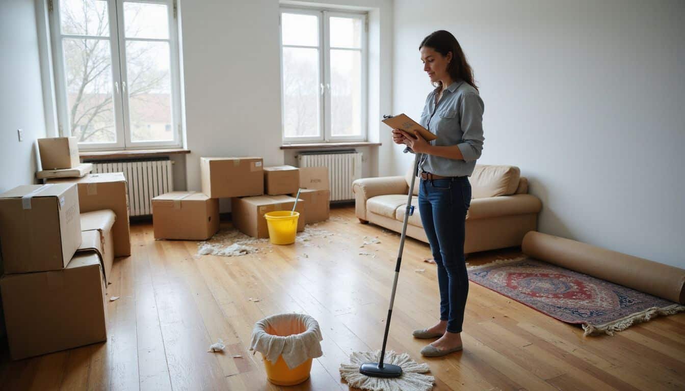 A woman mid-move reviews her checklist in a cluttered living room.