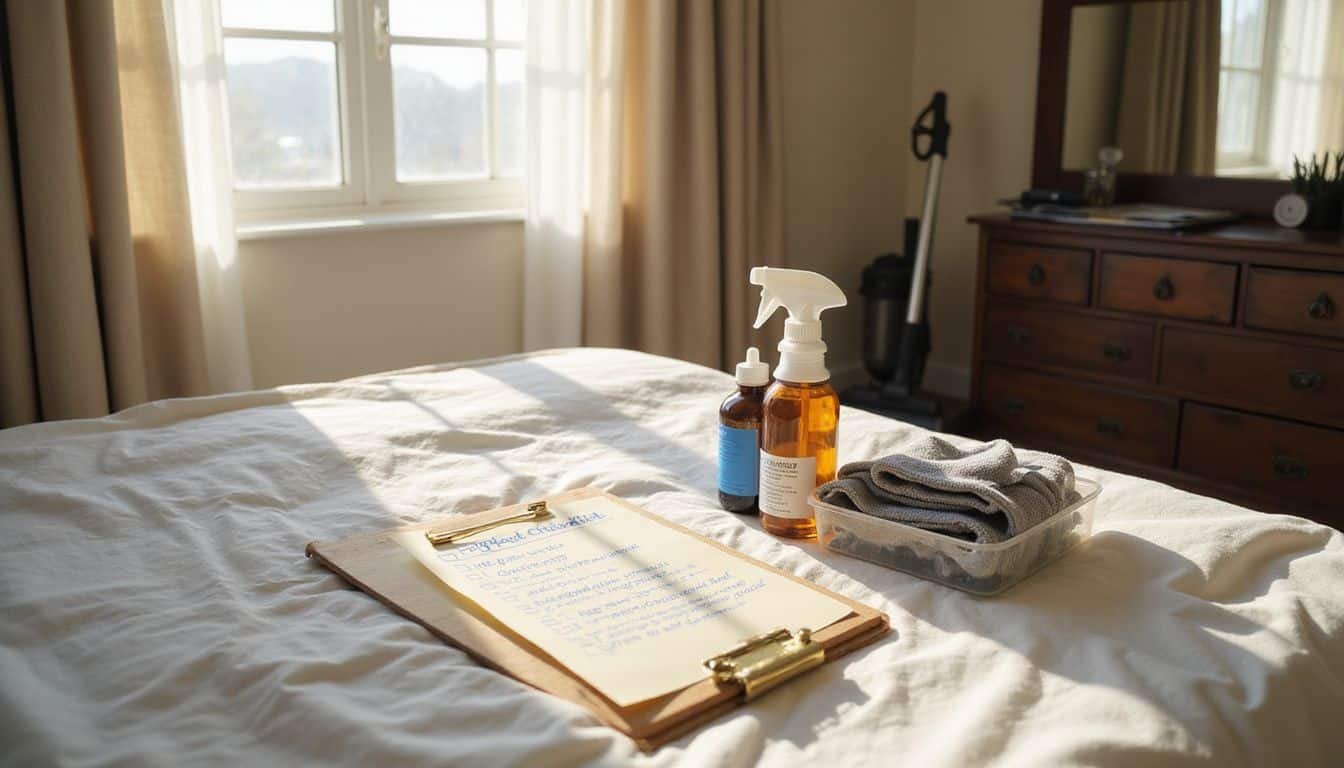 A vacation rental bedroom with cleaning supplies and a checklist.