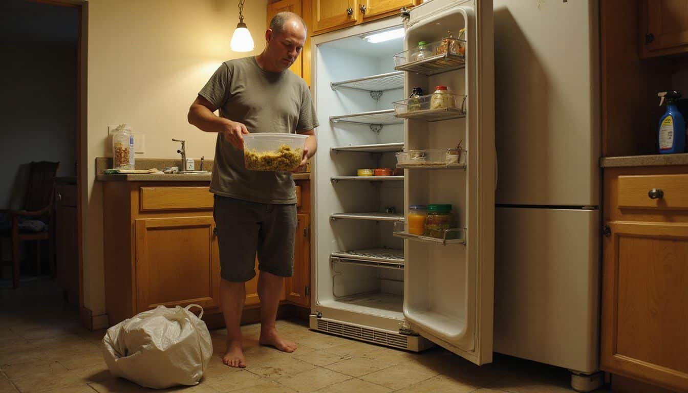 A tired man prepares to clean a neglected kitchen.
