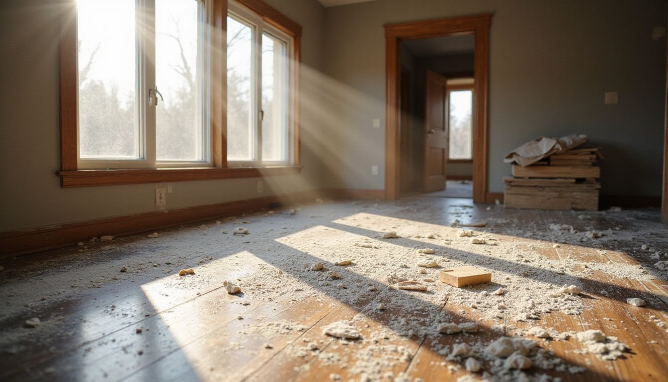 A residential living room shows extensive post-construction dust and debris.