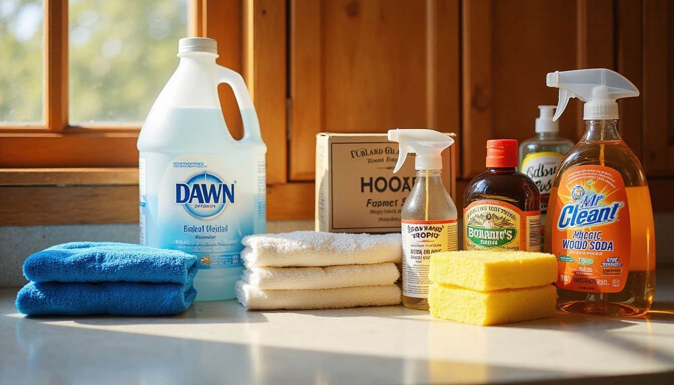 A well-organized kitchen counter featuring various cleaning supplies.