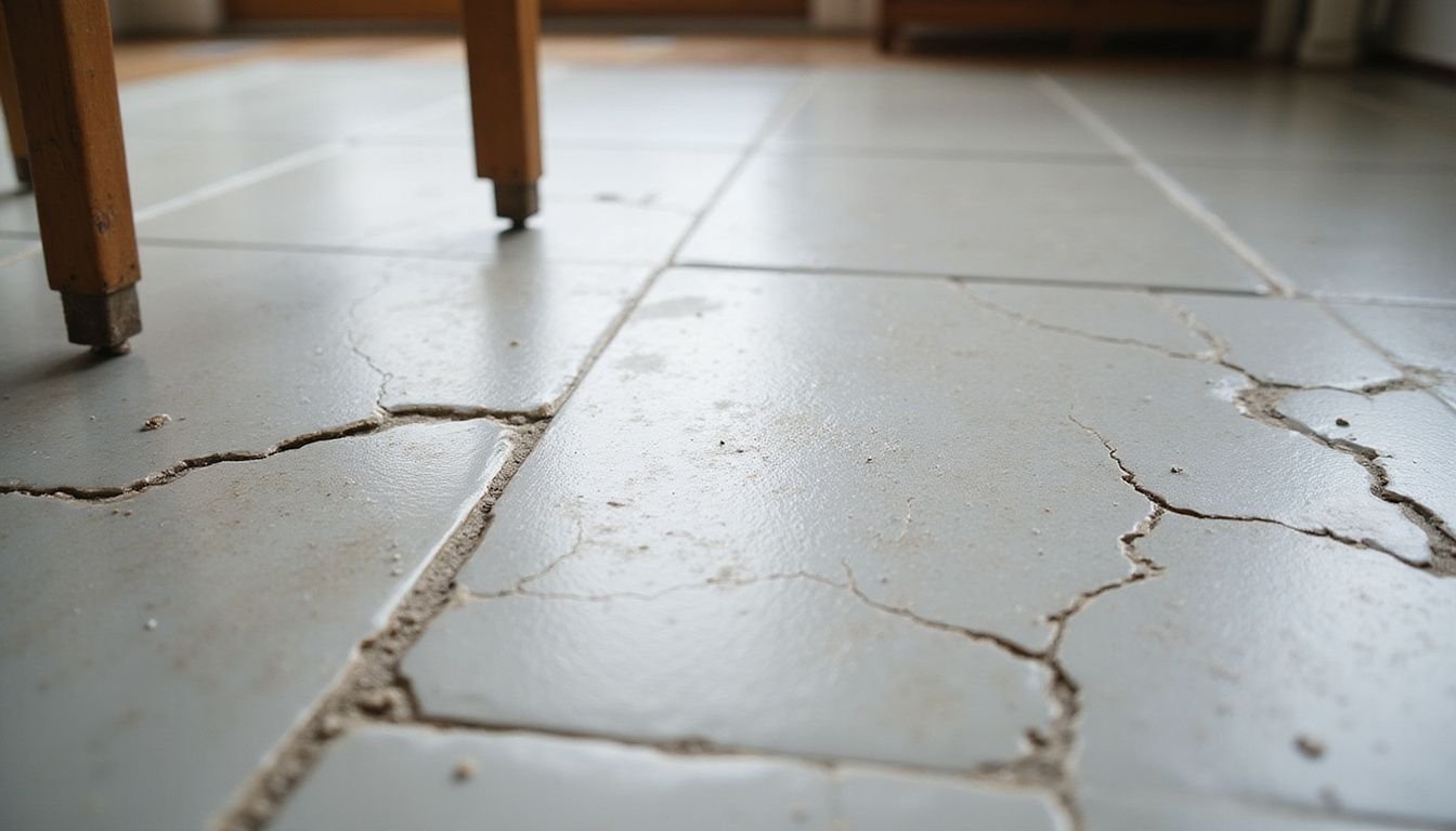 Close-up of worn ceramic floor tiles with noticeable damage patterns.