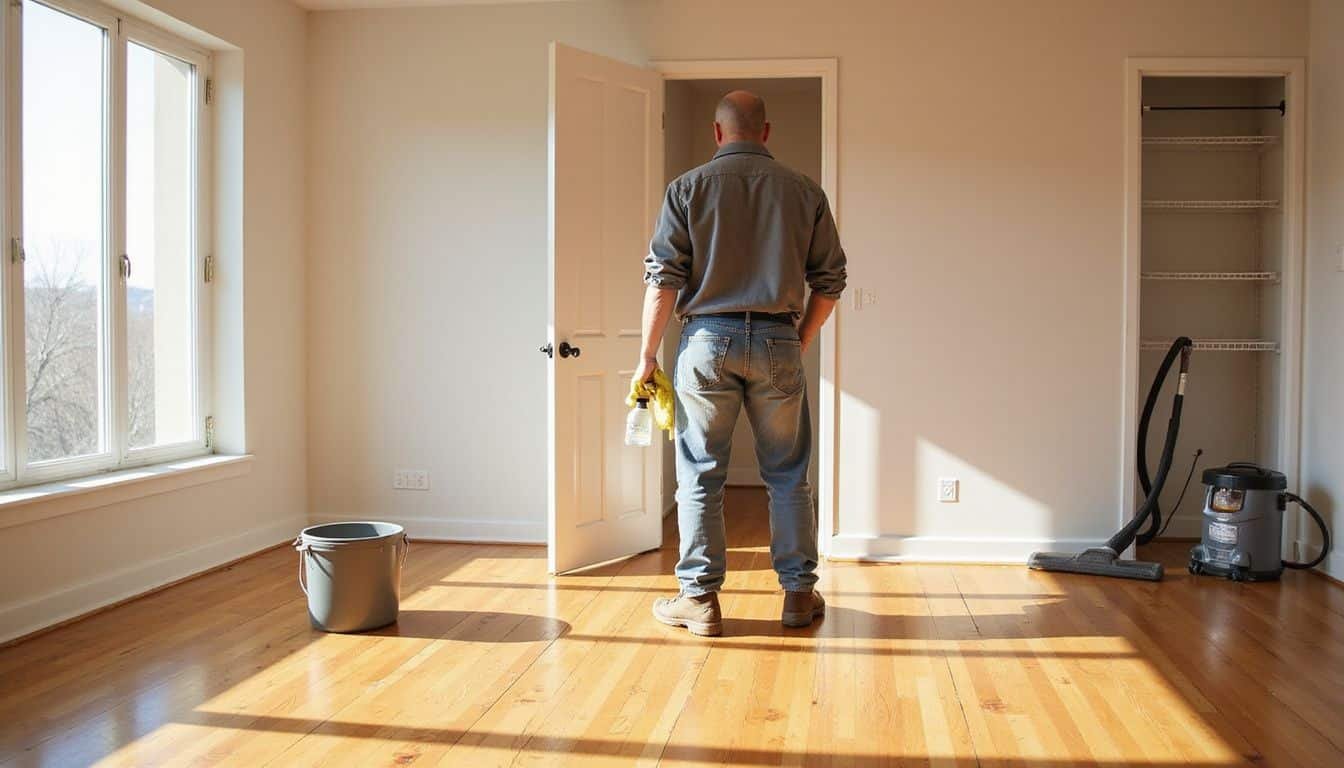 A freshly cleaned, vacant master bedroom with a middle-aged professional.