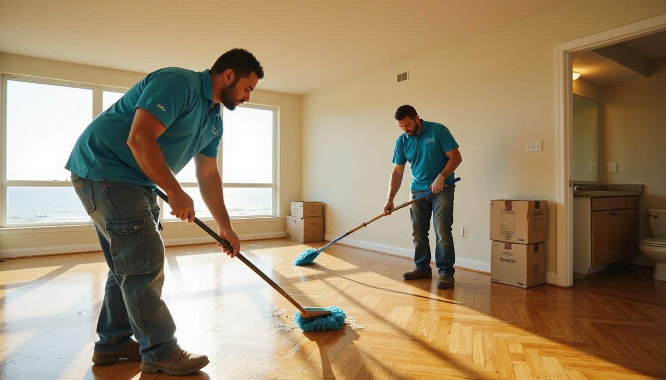 A cleaning crew diligently works in a vacant Clearwater Beach apartment.
