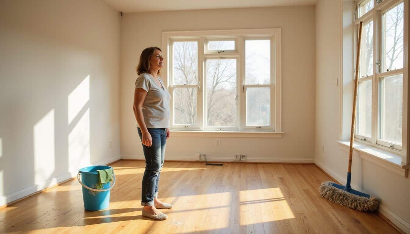 A middle-aged woman stands content in a clean, empty living room.