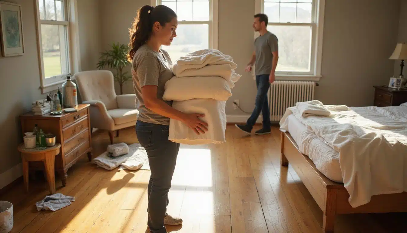 A woman efficiently organizes linens in a vacation rental room. A woman efficiently organizes linens in a vacation rental room.