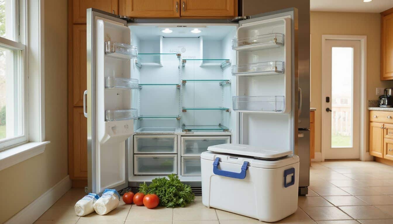 A disassembled refrigerator reveals clutter and grocery items in the kitchen.