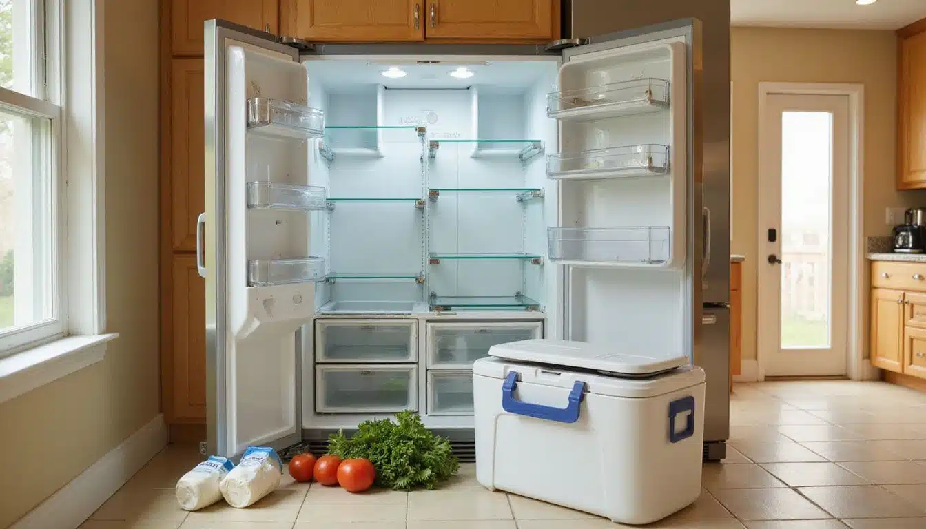 A disassembled refrigerator reveals clutter and grocery items in the kitchen. A disassembled refrigerator reveals clutter and grocery items in the kitchen.