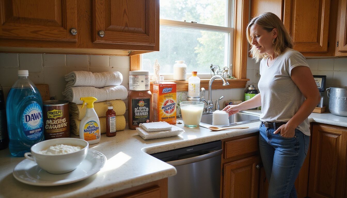 A woman examines cleaning supplies on a cluttered kitchen countertop. A woman examines cleaning supplies on a cluttered kitchen countertop.