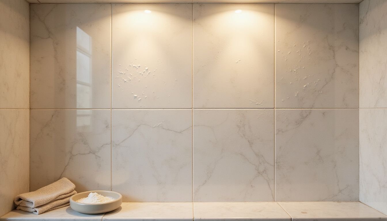 Four bathroom tile samples showcase varied finishes and surface wear.