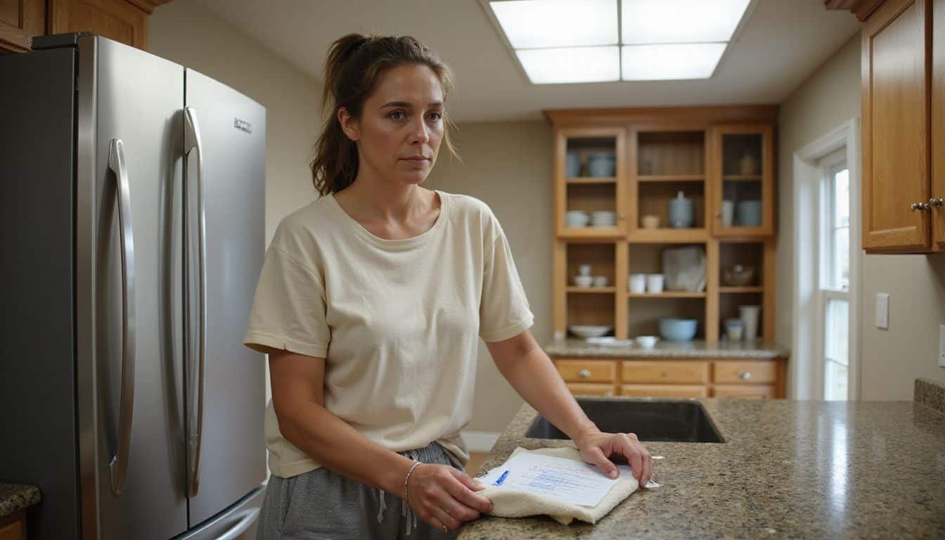 A middle-aged woman cleans her kitchen after moving in.