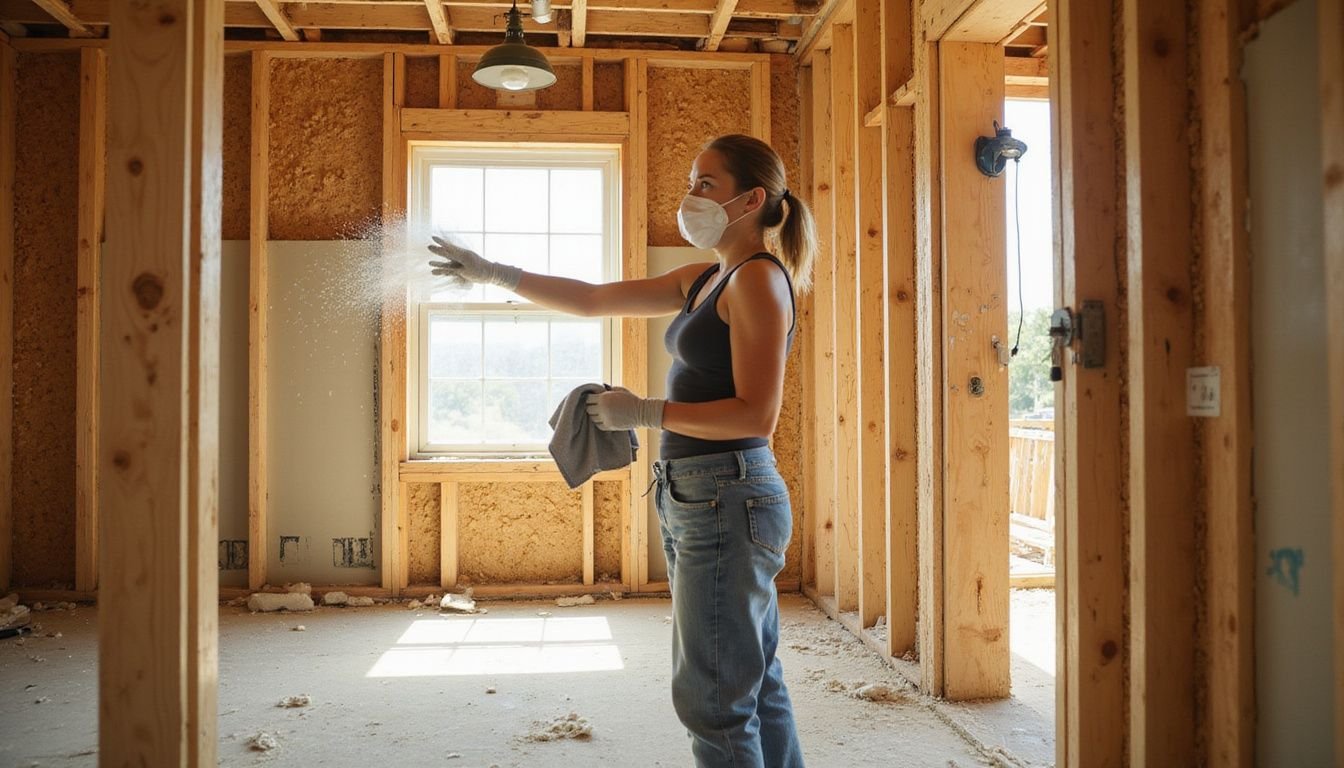 A woman performs post-construction cleanup in an unfinished residential space.