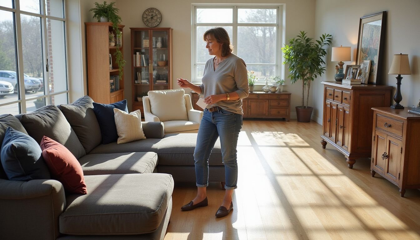 A woman examines a cream armchair in a contemporary furniture showroom. A woman examines a cream armchair in a contemporary furniture showroom.